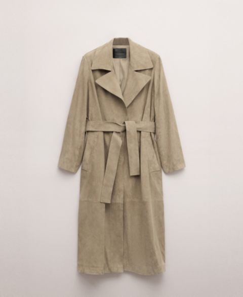 Женские куртки MANGO Leather Suede Belted Trench Coat