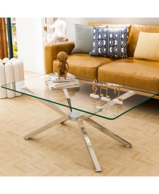 Rectangular Clear Tempered Glass Coffee Table with Adjustable Feet and Metal Legs for Living Room (Silver + Clear Glass)
