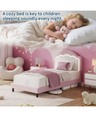 Twin Kids Upholstered Bed with LED Headboard, Plush Sherpa Fabric, Wooden Slats Support, Easy Assembly