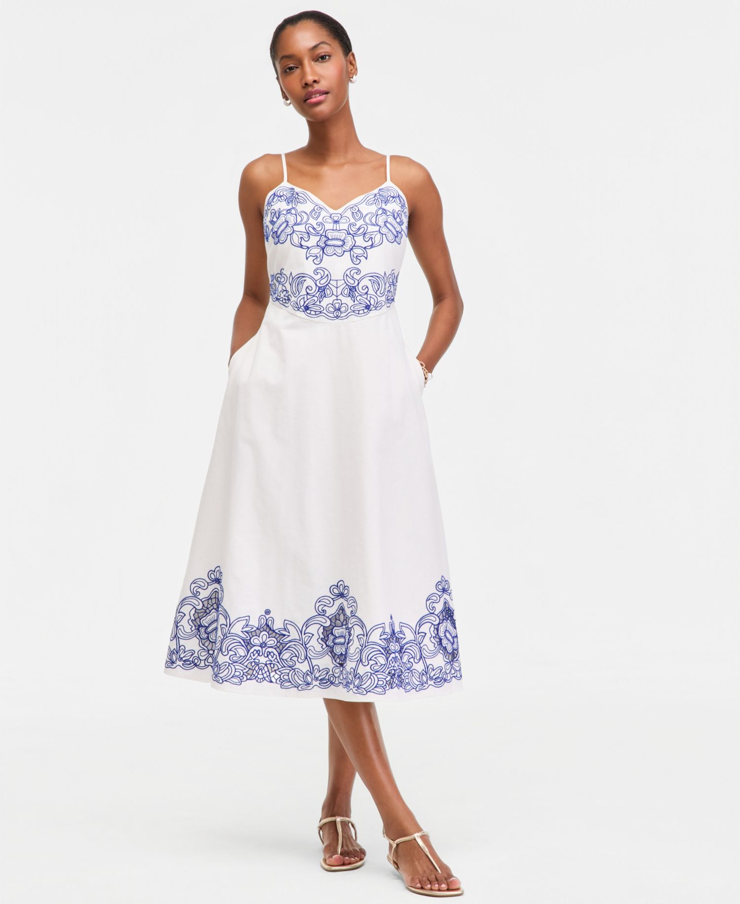 Women's Linen Blend Solid Cutwork Tank Midi Dress