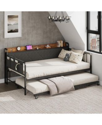 Twin Daybed with Trundle and LED Lights, Upholstered Headboard with Charging Station, Sofa Bed for Living Room or Bedroom