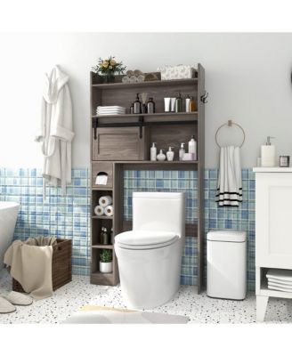 Over The Toilet Storage Cabinet w/ Sliding Barn Door Adjustable Shelves 2 Hooks