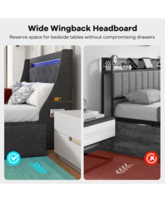 Queen Size Upholstered Platform Bed Frame with LED Lights and Charging Station
