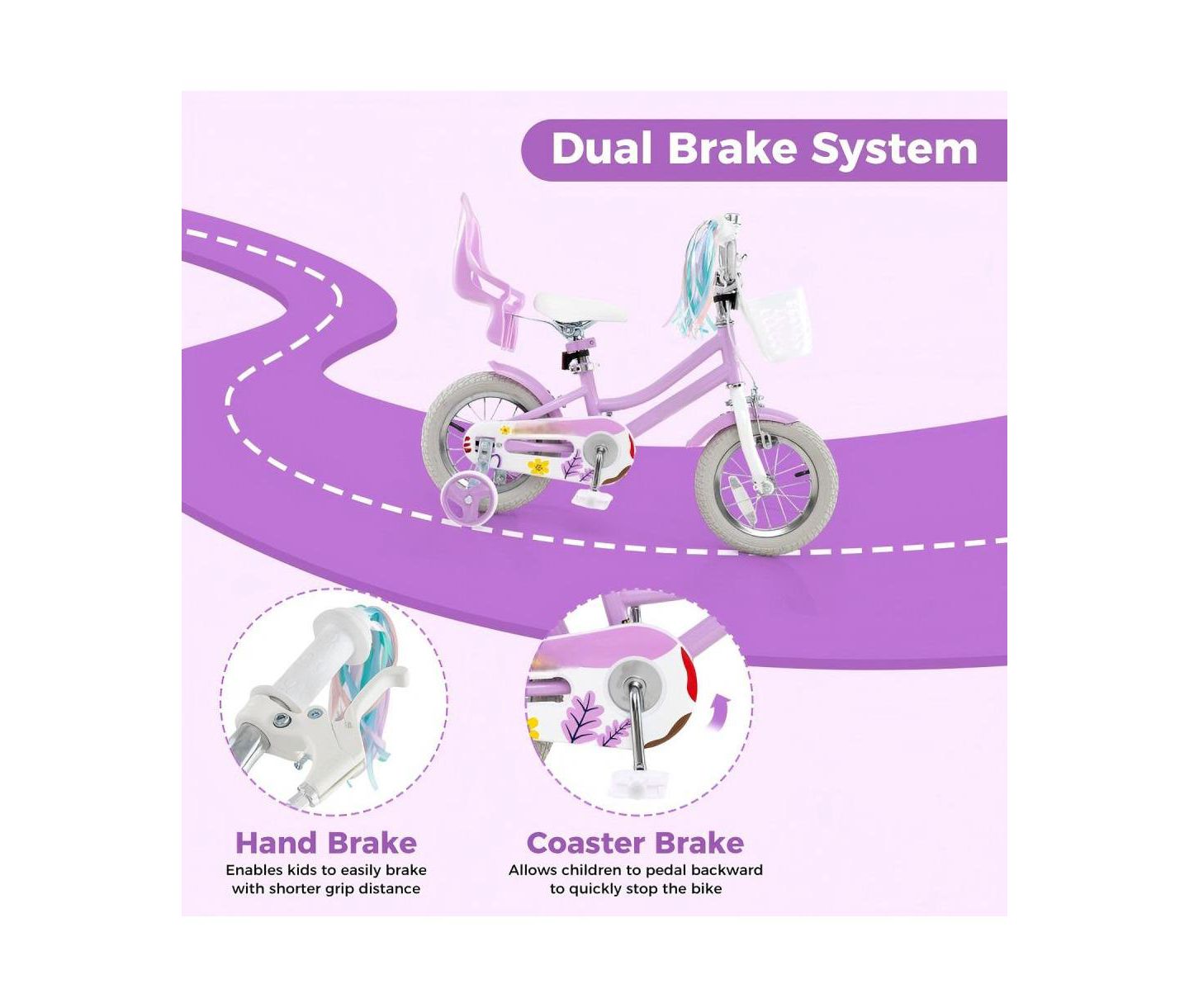 Детская игрушка HONGGE 12-Inch Bike with Doll Seat, Ages 3-8, цвет: Фиолетовый — фото 8