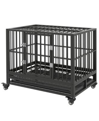 36" Heavy Duty Metal Dog Cage – Double Door Kennel with Lockable Wheels & Removable Tray