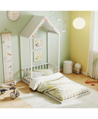 Twin Size House Bed with House Shape Roof and Semi-Fence