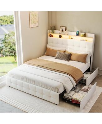 Bed Frame with 2 Storage Drawers, Upholstered Bed Frame Full with LED Light, Double-Layer Bedside Headboard with Charging Socket