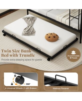 Twin Over Twin Metal Bunk Bed with Trundle, Ladder & Full Length Guardrails