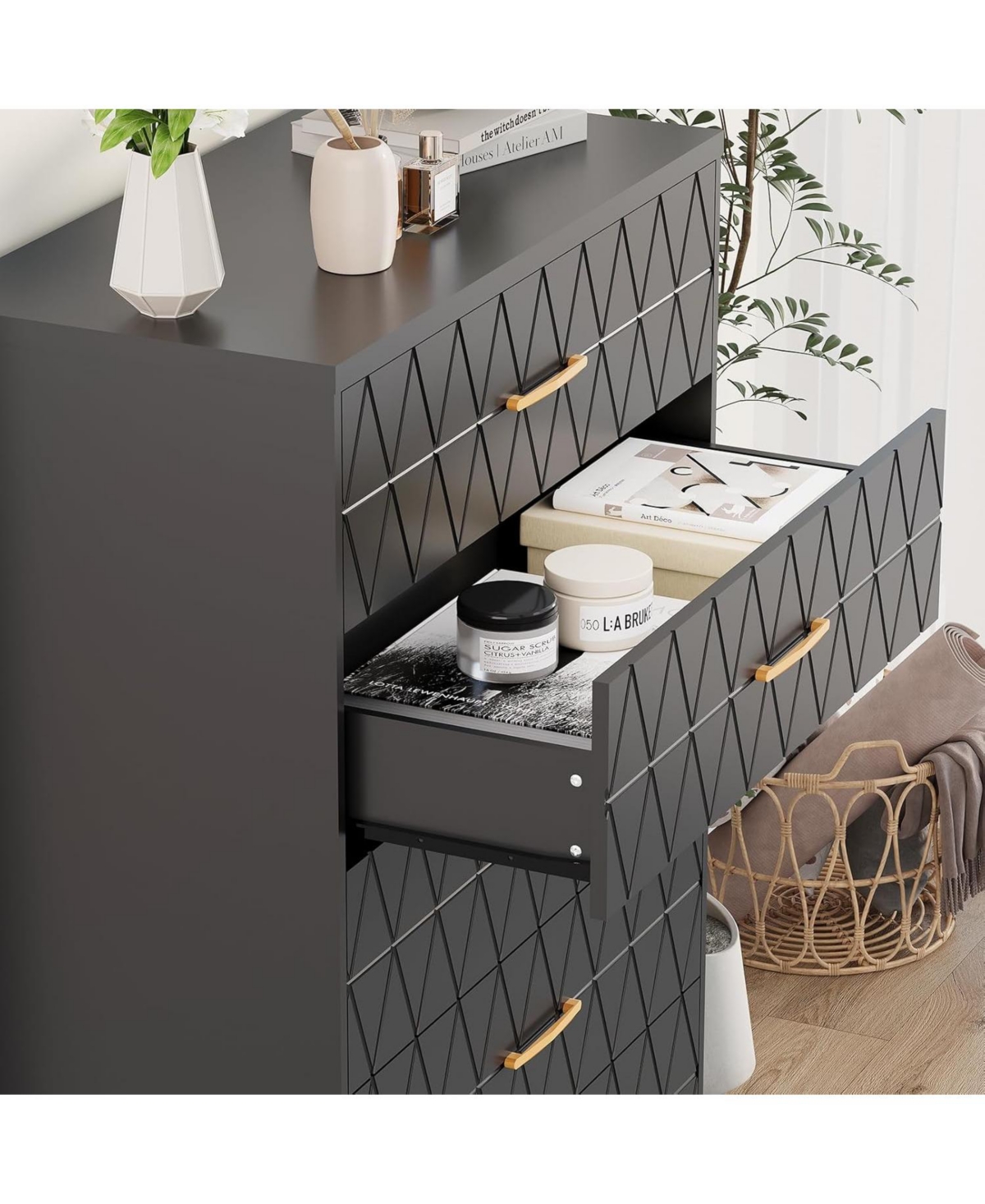 gaomon Tall Dresser for Bedroom with 5 Drawer, Wood Chest of Drawers Gold Handles Closet, Modern Nightstand Bedside