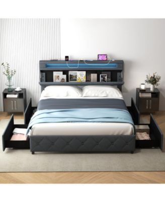 Queen Size Bed Frame with Adjustable Storage Headboard and Wooden Slat Support