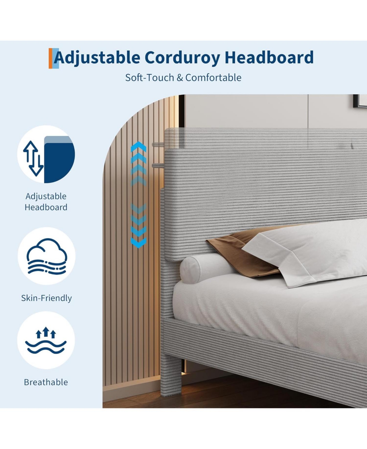 gaomon Bed Frame with Usb Charging Station, Corduroy Upholstered Platform Bed Frame with Adjustable Storage Headboard