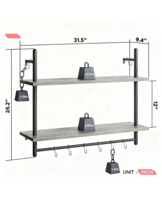 Floating Shelves Wall Mounted 31" 2-Tier Storage Rack with Towel Bar 8 Hooks