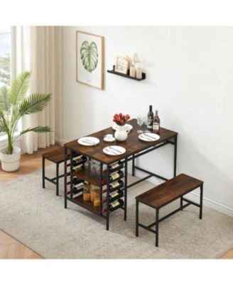 Dining Table Set for 4, 47.2" Rectangular Table with 2 Benches, Metal Frame, Wine Rack, 2-Tier Shelf, Vintage