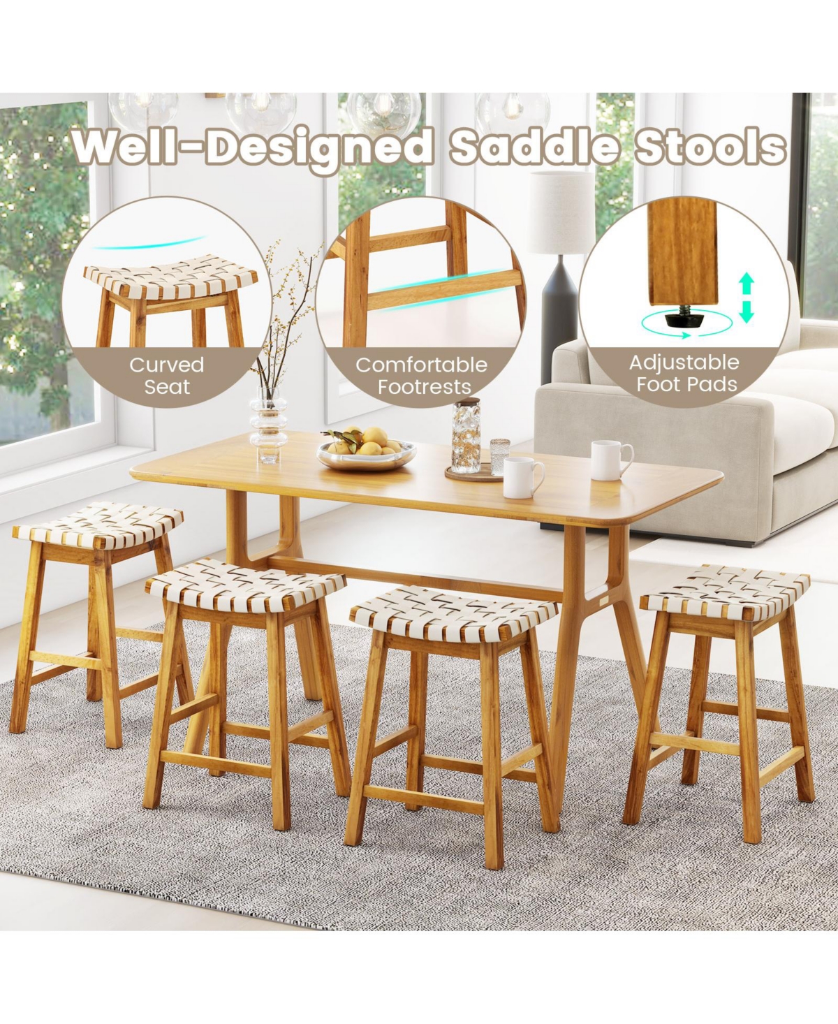 Slickblue Set of 2 Faux Leather Bar Stools with Woven Curved Seat