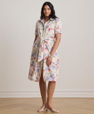 Plus Size Floral Tie-Front Collared Shirtdress