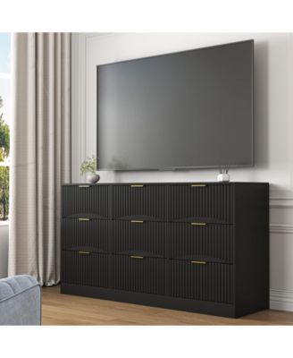 Large 9 Drawer Dresser 63-Inch-Wide Wood with Gold Handles for Bedroom Storage