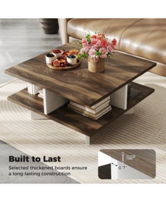 2-Tier Square Coffee Table with 4 Storage Compartments-Walnut