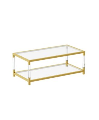 Coffee Table - Double Layer Tempered Glass Top with Golden Metal Frame, Rectangular Center Table for Living Room and Home Office