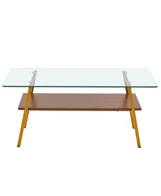 Rectangle Coffee Table, 2 Tier Center Table with Clear Tempered Glass Top and Metal Legs for Living Room