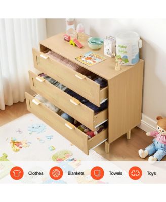 3 Drawer Rattan Dresser - Modern Chest of Drawers with Metal Handles and Wooden Legs, Wood Clothing Storage Closet for Bedroom