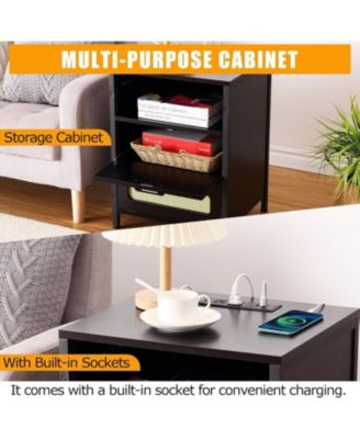 Nightstand with LED Lighting Charging End Table with 2 USB Ports and 2 Outlets Bedroom Night Stand with 2 Rattan Decorated Drawers , Open Shelf