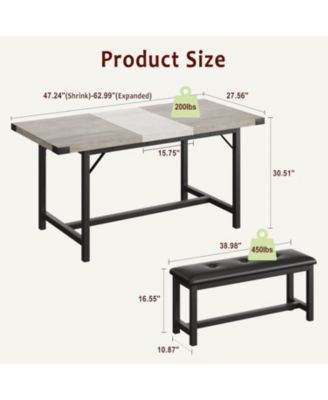 3-Piece 63" Extendable Rectangular Dining Table Set with Metal Frame and 2 Benches