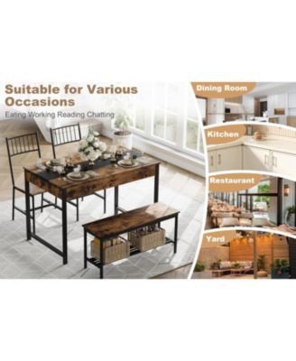 4-Piece Farmhouse Rectangular Dining Table Set with 2 Chairs and Bench