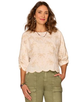 Petite Embroidered Boat Neck Woven Top