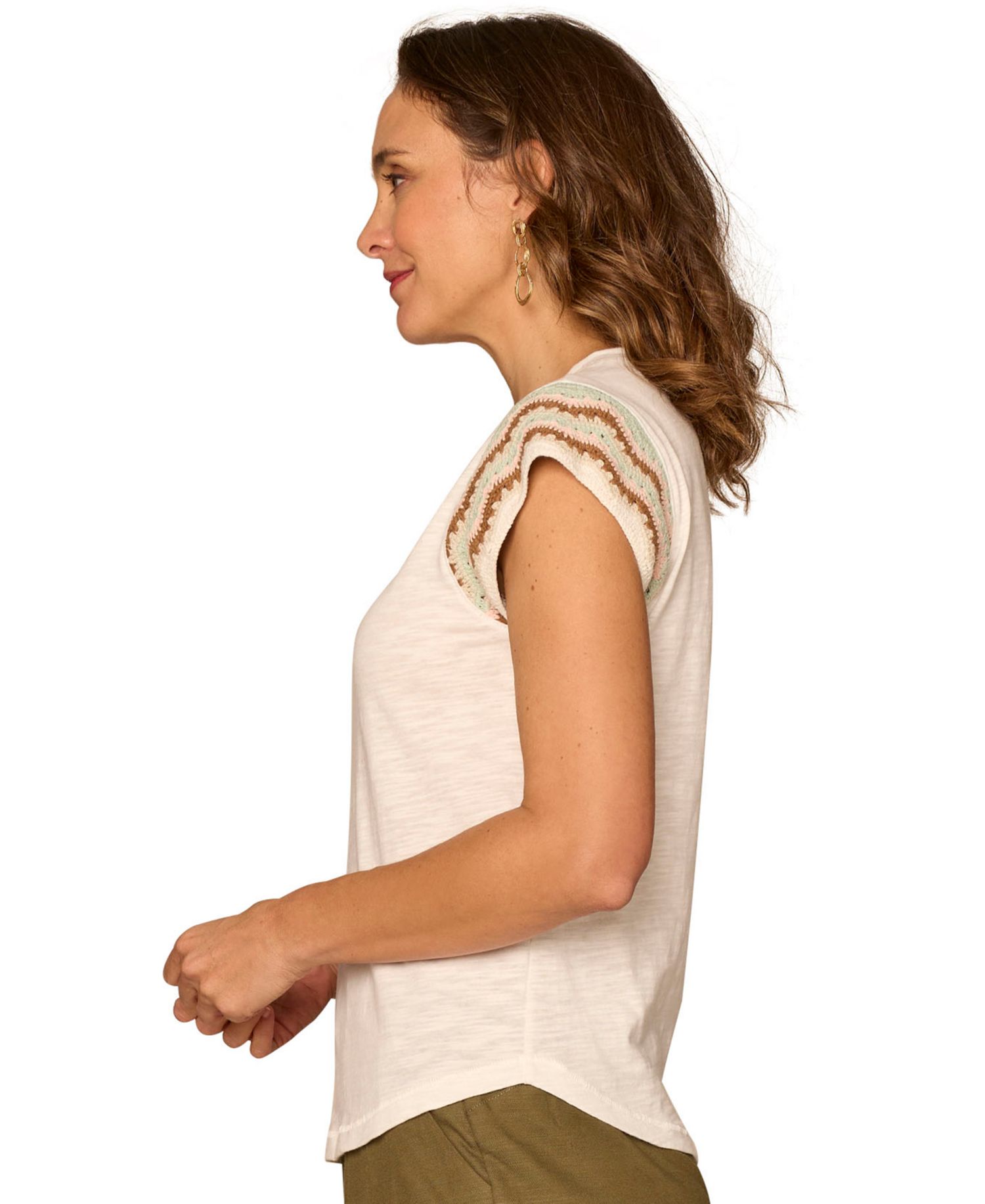 Petite Crochet Cap-Sleeve Notched Neck Knit Top