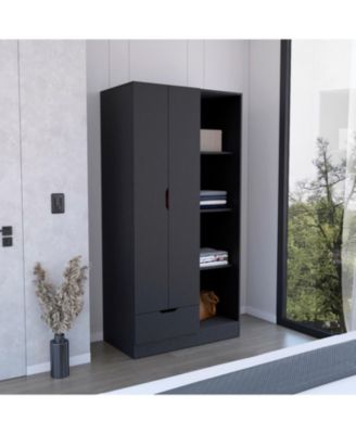 Memphis Wardrobe Armoire with 4-Tier Shelves 1 Drawer Hanging Rod