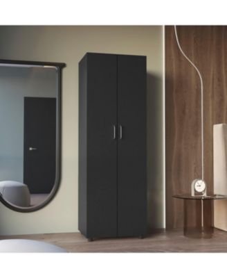 Cluster 63inch Tall Wardrobe with Mirror Three Shelves Casters and Hanging Rod Bedroom Clothes Storage Cabinet Organizer