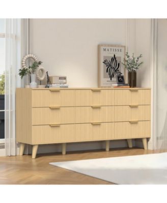 9 Drawer Fluted Wooden Dresser 63W 15.7D 29.5H for Bedroom Nursery Entrance with Wave Pattern