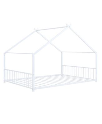White Metal House Bed with Roof Design Semi Enclosed Space and Integrated Slat Support