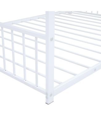White Metal House Bed with Roof Design Semi Enclosed Space and Integrated Slat Support