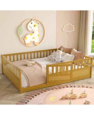 Montessori Floor Bed With Support Slat High Barrier Door Natural Wood For Kids