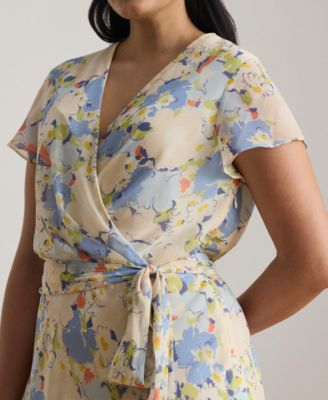 Plus Size Floral Crinkle Georgette Surplice Dress