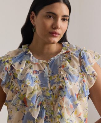 Plus Size Floral Ruffle-Trim Georgette Shirt
