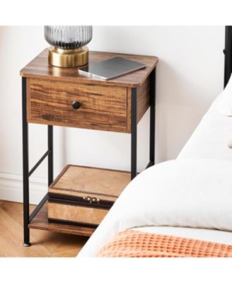 Nightstand Set of 2 Small End Side Tables with Storage Shelf and Large Drawer Industrial Slim Nightstands Bedside Tables for Bedroom