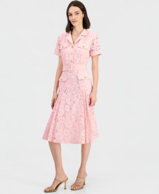 Women's Belted Short-Sleeve Lace Midi Shirt Dress 
