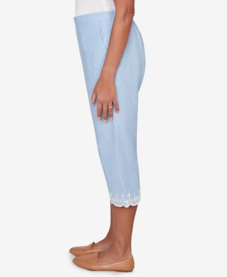 Women's Caribbean Blues Eyelet Embroidered Cuff Capri Pants