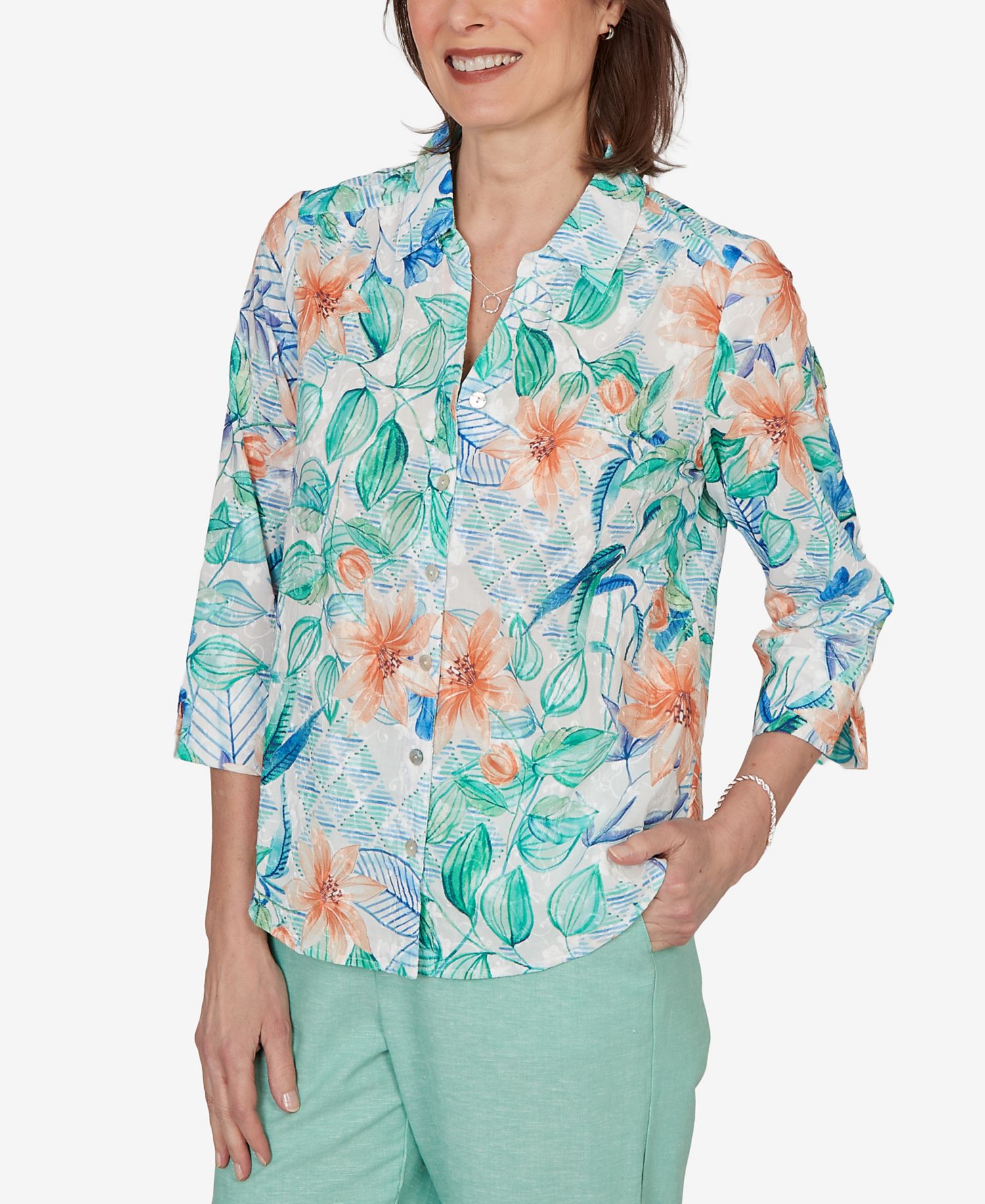Women's Caribbean Blues Tropical Flower Eyelet Tie-Sleeve Top