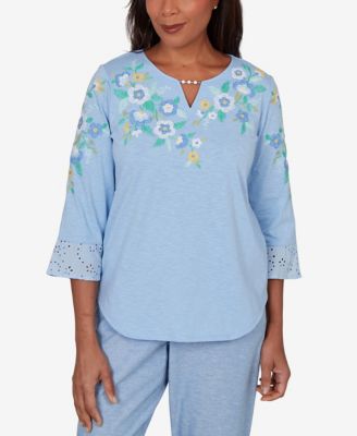 Women's Caribbean Blues Floral Embroidered Split Neck Top