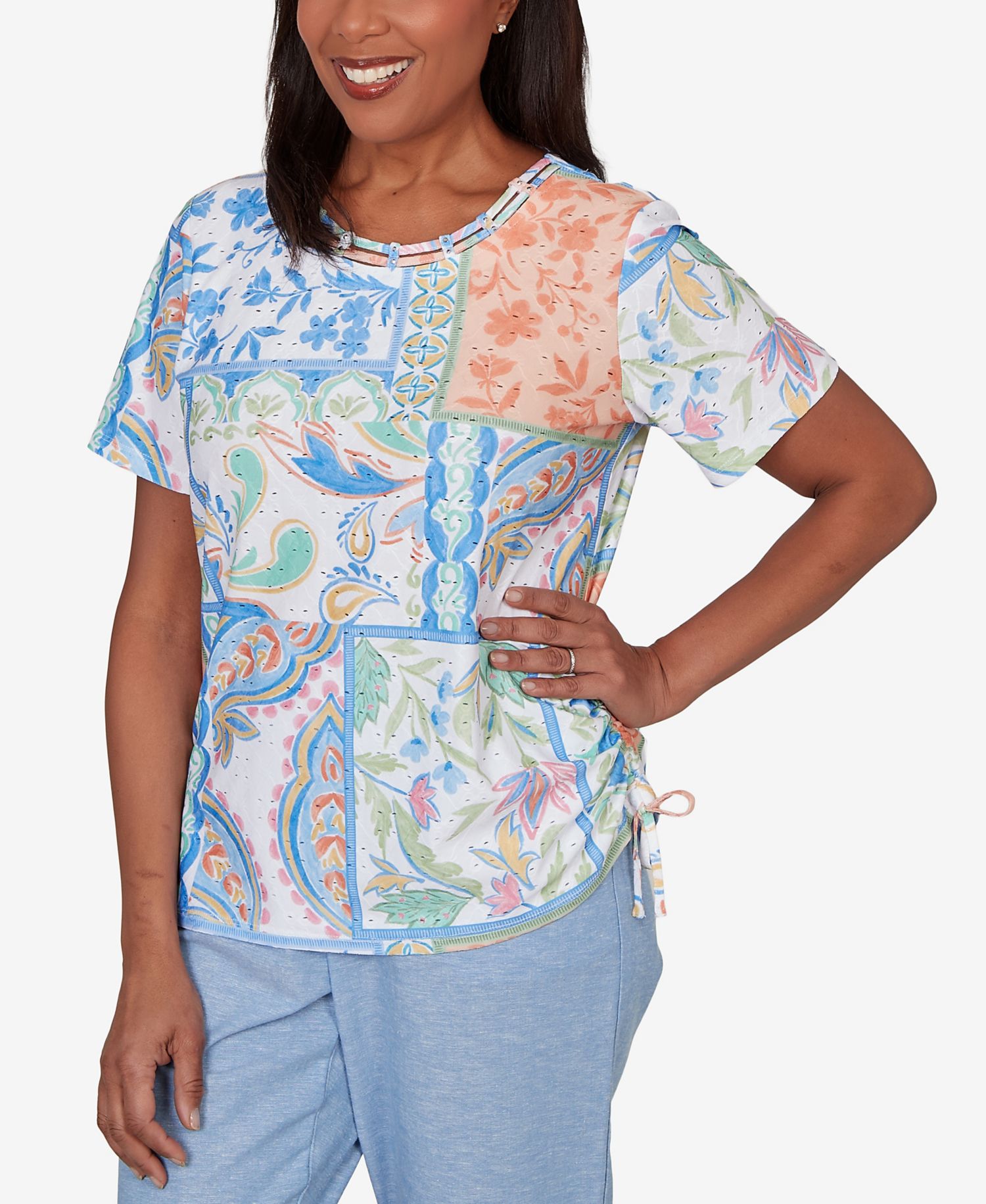 Women's Caribbean Blues Patchwork Scroll Side Tie Ruched T-Shirt