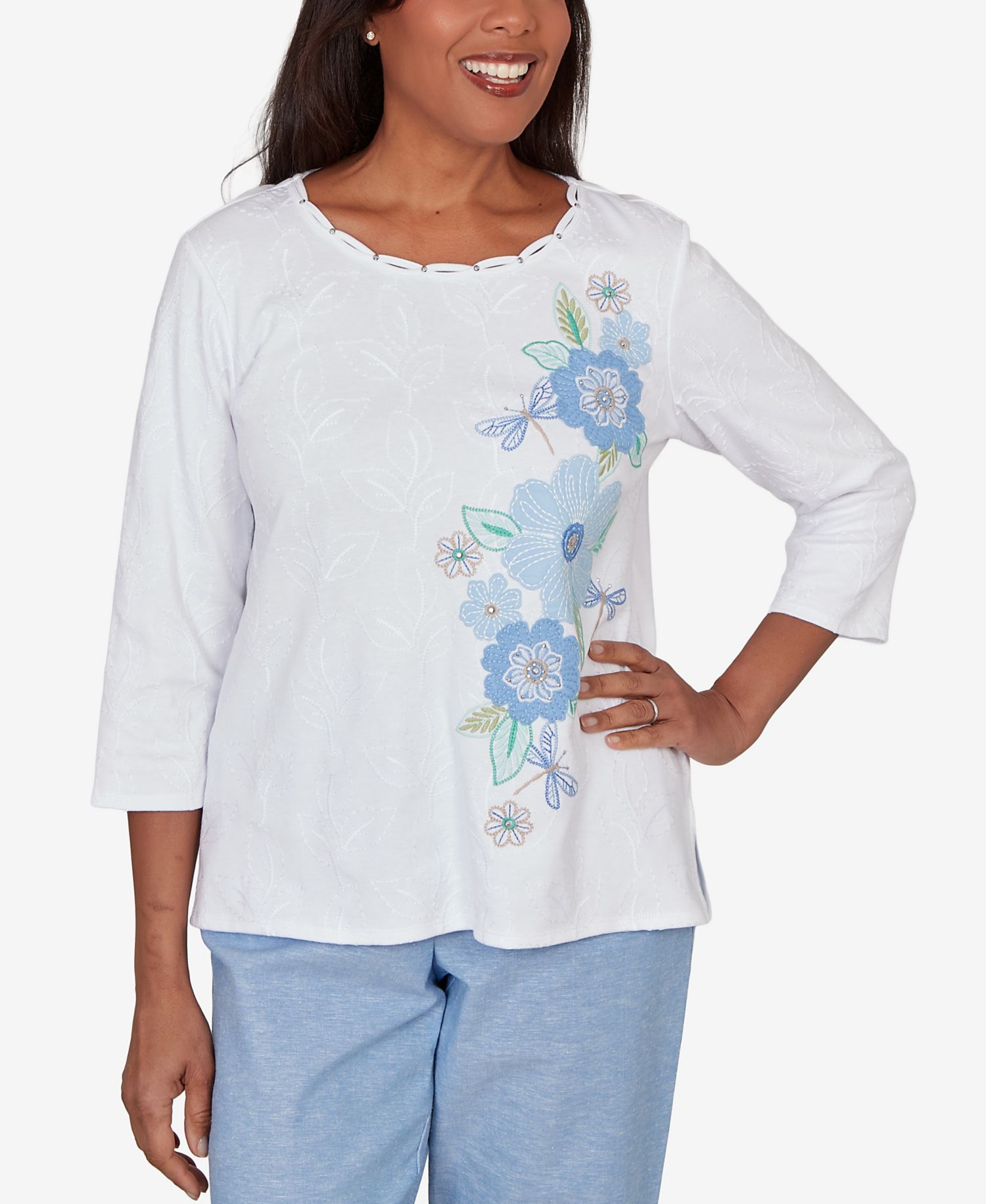 Women's Caribbean Blues Embroidered Dragonfly Floral Top