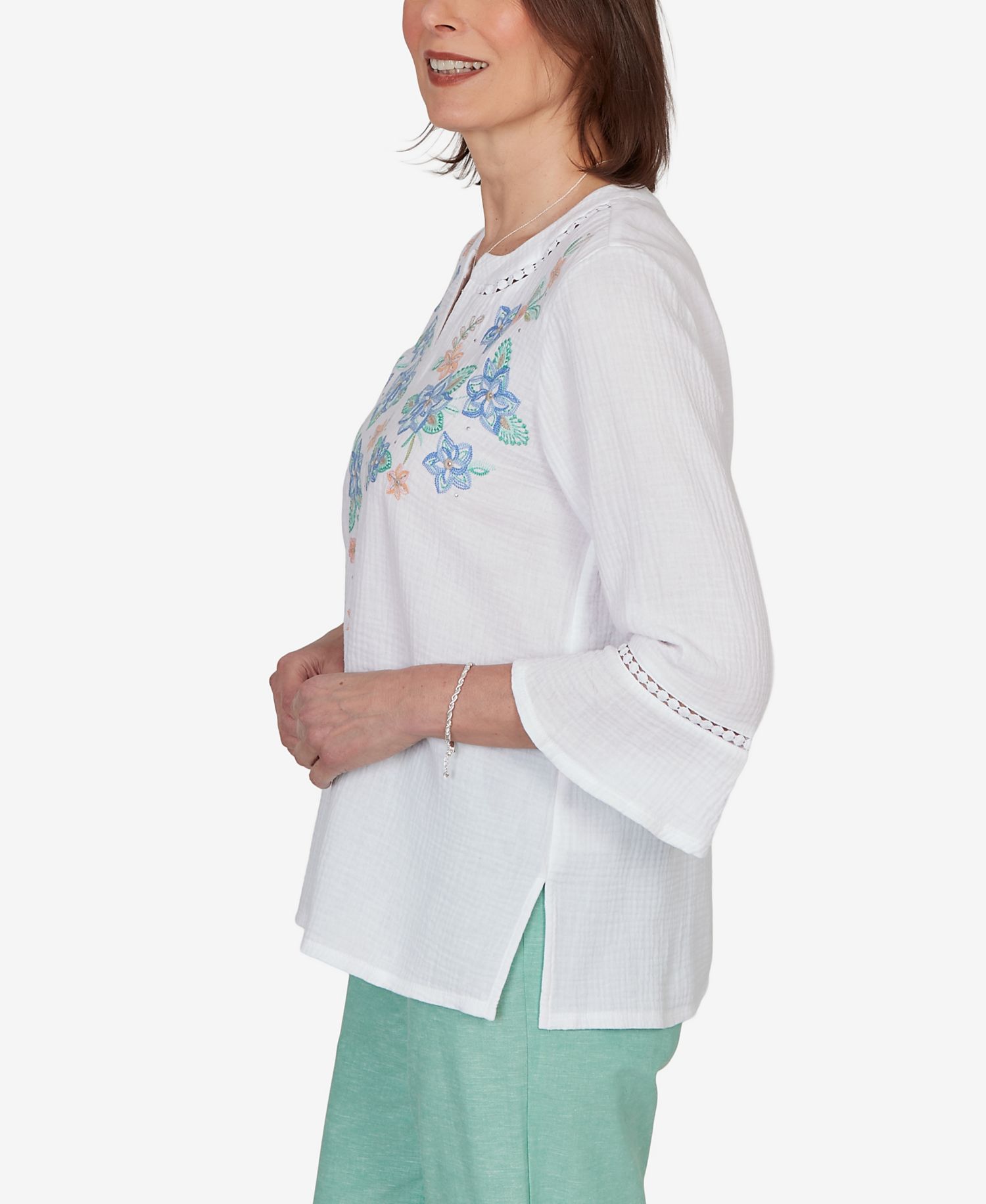 Petite Caribbean Blues Tropical Floral Split Neck Embroidered Top