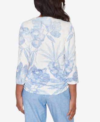 Petite Caribbean Blues Monotone Dramatic Floral Tropical Top