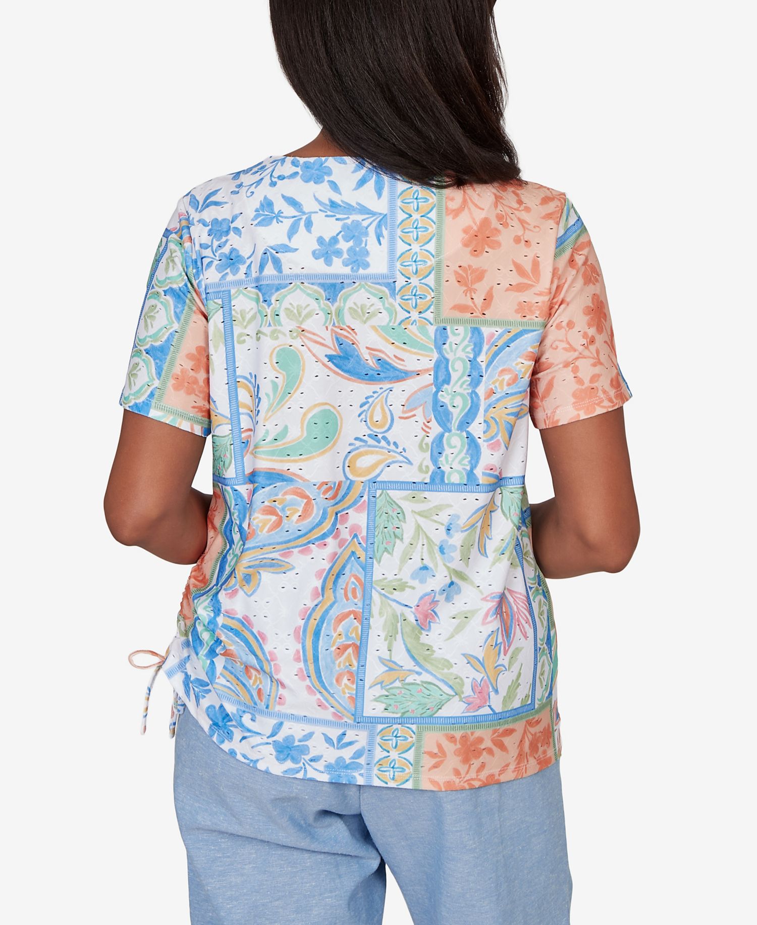 Petite Caribbean Blues Patchwork Scroll Side Tie Ruched T-Shirt