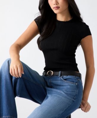 Women's Short-Sleeve Crew Neck Rib Pointelle Mix Kara Sweater