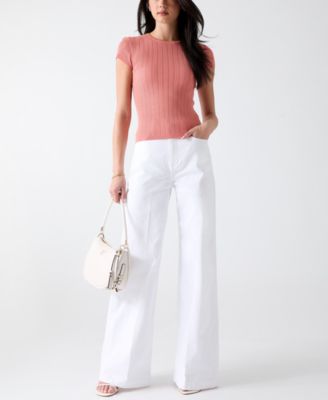 Women's Short-Sleeve Crew Neck Rib Pointelle Mix Kara Sweater