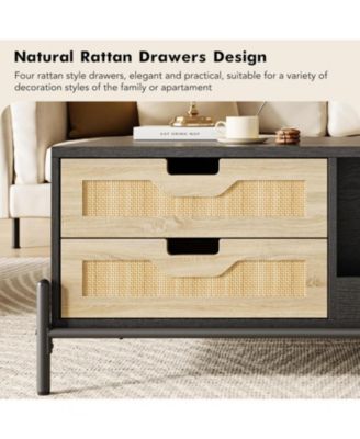 Wooden Coffee Table, Modern Farmhouse Style 394" Table with 4 Hidden Drawers and 2 Open Compartments, Room Tables with LED Mood Lighting